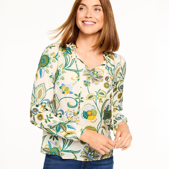 Talbots Tops - Talbots Cream Floral V-Neck Long-Sleeve Blouse Petite Large